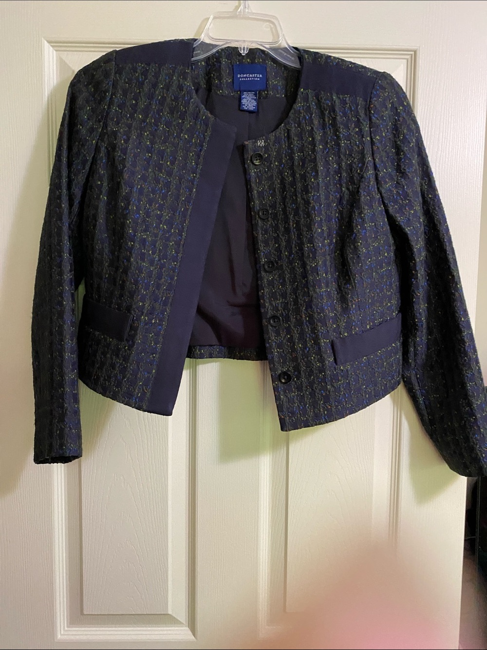 Doncaster Navy Tweed Cropped Blazer with Green Accents